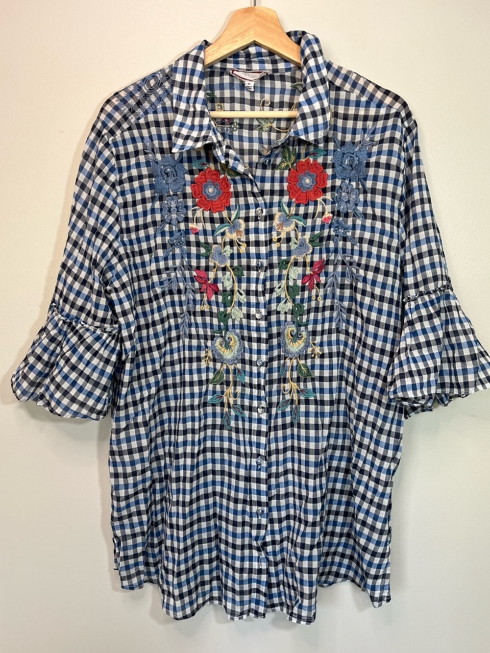 Johnny Was Blue Gingham Embroidered Peasant Tunic - Picture 2 of 12